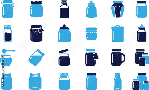 Assorted blue and dark blue glass jars bottles containers liquid elements.