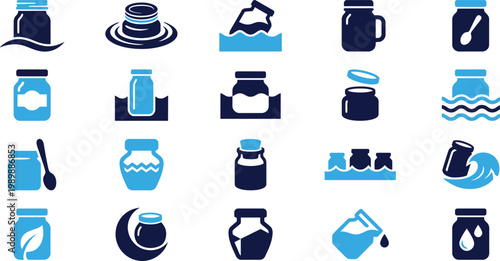 Collection of blue and navy glass jars bottles containers with liquid elements.