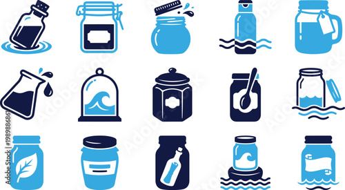 Collection of blue and navy blue glass jars and bottles with liquid.