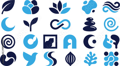 Abstract blue and navy graphic design elements and symbols collection.