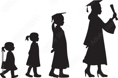 Silhouette progression of a woman graduating from childhood to adulthood representing education and achievement isolated on white background