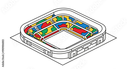 Isometric vector art depicts a colorful stadium with characters, showcasing a football match event and fan icons, presented against a clean white background with a minimalist design style