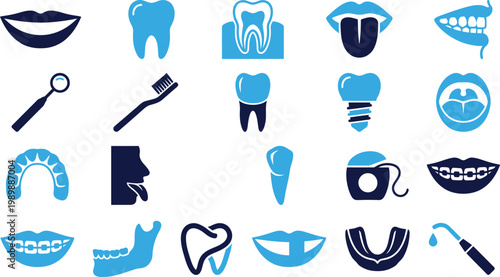 Dental hygiene and care icons showing teeth, mouth, dental tools, and oral hygiene products for healthy smile.