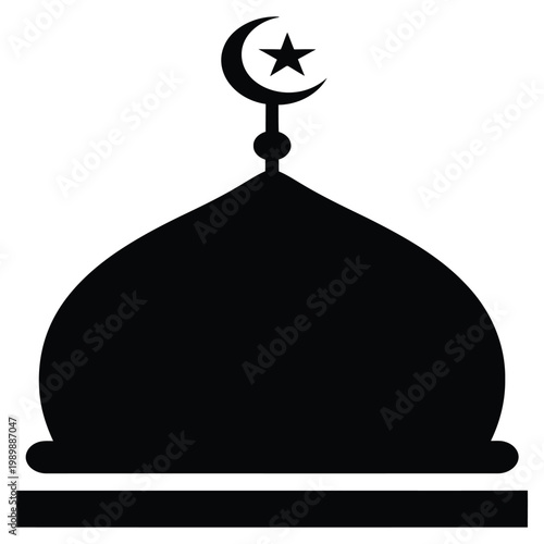 Silhouette of a mosque dome with a prominent crescent moon and star symbol on top, featuring a solid black fill on white background.