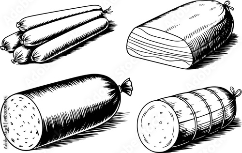Types of sausages and cured meats, hand-drawn style, isolated white food deli