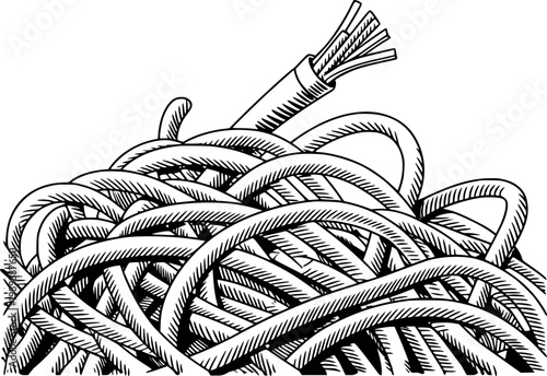 Tangled black and white of coiled electrical wires and cables