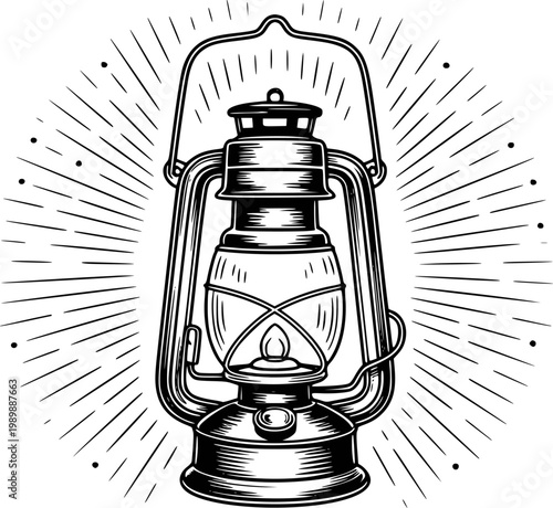 Vintage kerosene lantern with radiating light beams, black and white retro