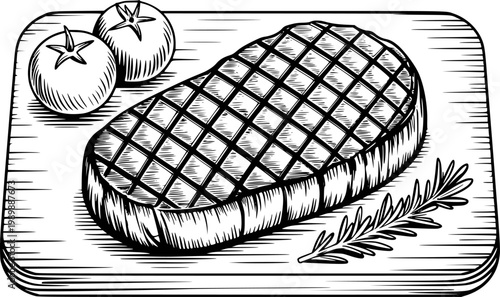 Vintage engraving style steak dinner with tomatoes and rosemary wooden board meat