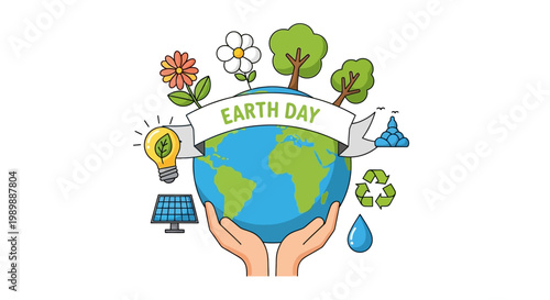 Happy Earth Day celebration with diverse elements representing conservation and sustainability like trees, solar panels, and water droplets on a blue globe