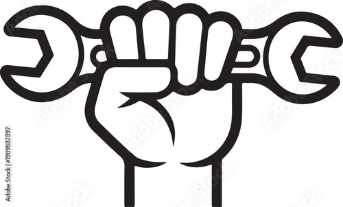 May day Hand holding wrench, repair tool icon.