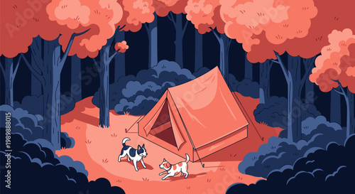 Flat style vector illustration of two small dogs playing near an orange camping tent in a campsite surrounded by peach-colored autumn trees and a dark blue forest backdrop.