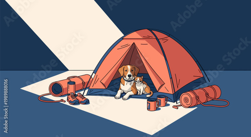 A flat design illustration of a brown dog and a small cat sitting together inside an orange camping tent with hiking shoes, sleeping mats, and mugs on a blue background.