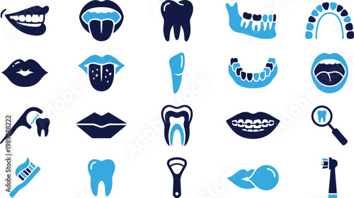 Dental health icons set with teeth mouth and dental care tools.