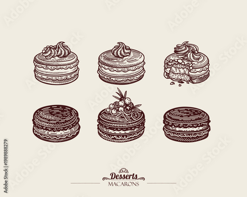 Macarons Set. Vector Illustration. Meringue cookies with vanilla cream, berry cream.  French Dessert. Line art Illustration, sketch style.