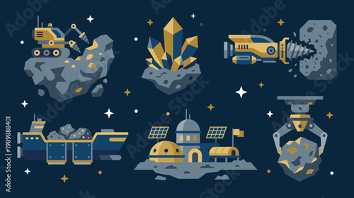Space mining operation with futuristic equipment and asteroid mining base in deep space with stars