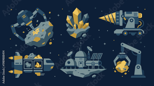 Pixel art space mining operation with robotic arms extracting asteroids and crystals for a futuristic base and transport ship
