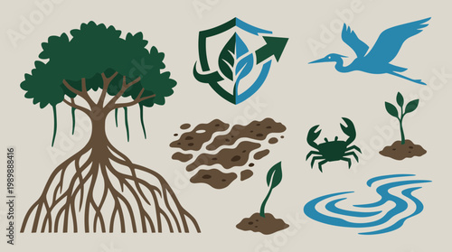 Ecological conservation symbols including a mangrove tree roots soil water bird crab and seedling representing environmental protection and growth