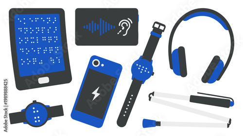 Collection of assistive technology devices for accessibility and inclusion including braille tablet smartphone smartwatch headphones and audio tools
