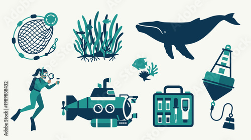 Ocean exploration and marine science research with submarine diver equipment and whale illustration