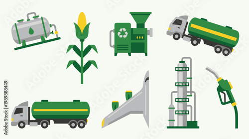 Biofuel Production and Distribution Process Icons Representing Renewable Energy Sources and Sustainable Transportation