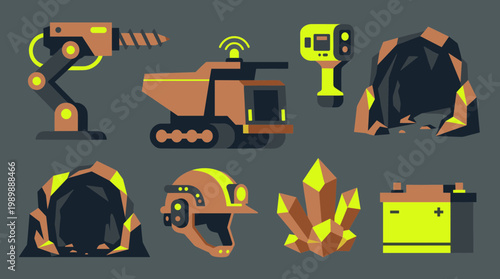 Mining equipment and resources collection flat design icons set mining industry technology and raw materials concept