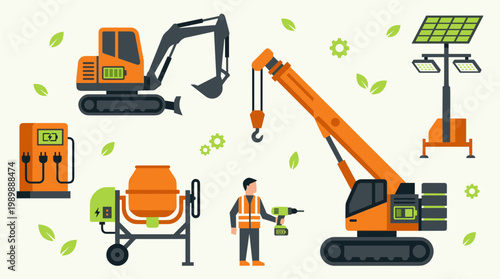 Eco friendly construction equipment charging station and worker with tools on light background with green leaves and gears