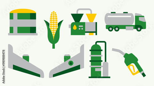Biofuel production process icons showing corn ethanol plant equipment and transport for renewable energy industry concept