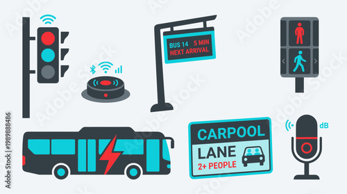 Smart city transportation icons including traffic lights bus carpool lane and public transport information display for urban mobility concept