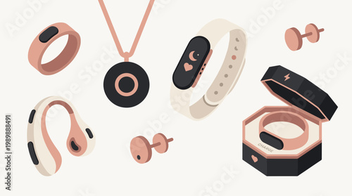 Collection of modern smart jewelry and wearable technology devices including rings necklaces bracelets and earrings in a stylish rose gold and black color palette