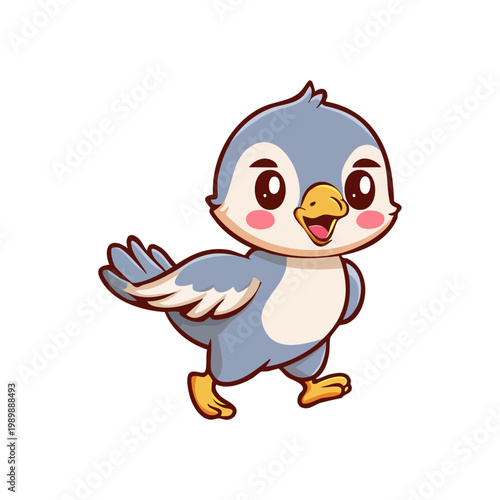Adorable little blue bird cartoon character happily walking with a cheerful expression, perfect for children's designs and playful themes, depicting innocence and joy