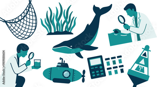 Marine biology research illustration showing scientists studying ocean life with a whale submarine and scientific equipment