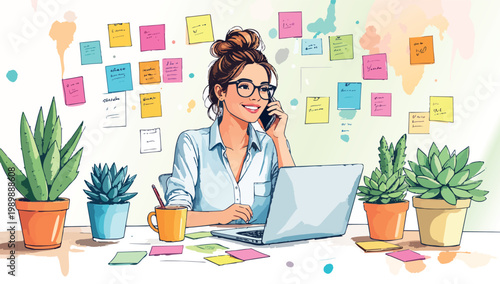 Woman talking phone, working laptop, planning creative ideas