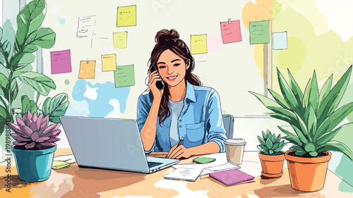 Young woman confidently managing home office tasks and calls