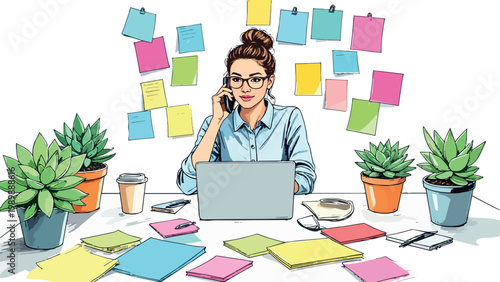 Businesswoman multitasking talking on phone and working at desk
