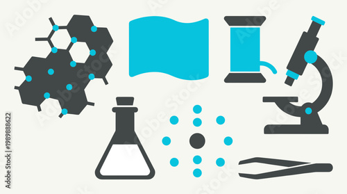 Abstract scientific research and development concept with molecular structure beaker microscope and thread spool icons on a light background