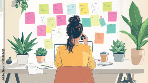 Woman organizing tasks working from home office desk