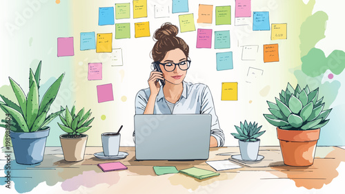 Businesswoman talking on phone working at creative office desk