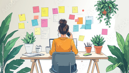 Woman working remotely, planning tasks, making call