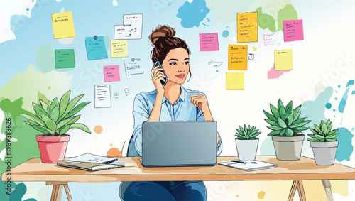 Woman working remotely communicating on smartphone from desk