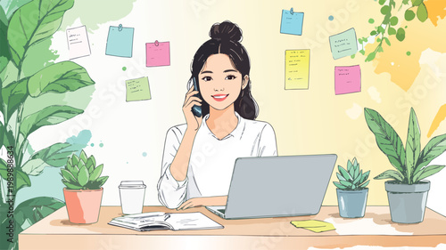 Young woman teleworking communicating on smartphone