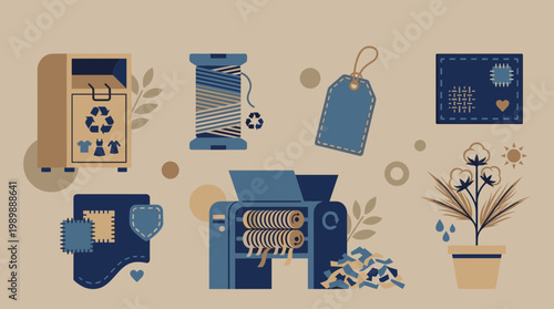 Textile recycling process from collection to new fiber production and plant growth, sustainable fashion concept