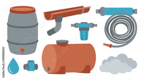 Collection of water harvesting system components including rain barrel gutter downspout filter tank hose and water drop illustration on white background