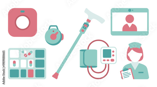 Healthcare icons for elderly care and remote medical assistance including a nurse, cane, blood pressure monitor, and medication organizer