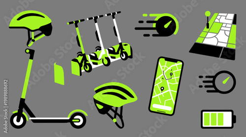 Electric scooter sharing service icons and elements including helmets, map, speedometers, and battery on a gray background