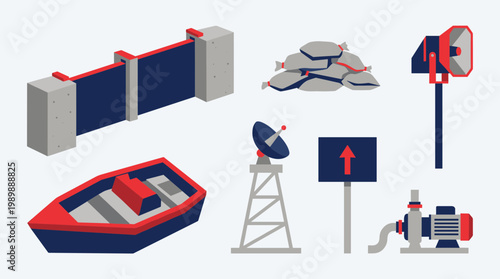 Emergency flood control equipment and warning systems including sandbags a boat a pump a dam and a siren for disaster preparedness and natural disaster response