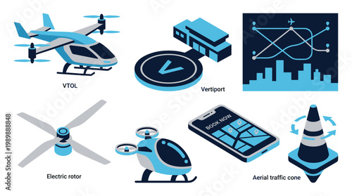 Futuristic urban air mobility concept with VTOL aircraft electric rotor vertiport and aerial traffic cone for smart city transportation