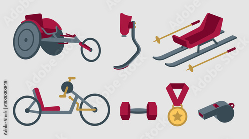 Collection of adaptive sports equipment and symbols of achievement for para athletes including wheelchair and sled