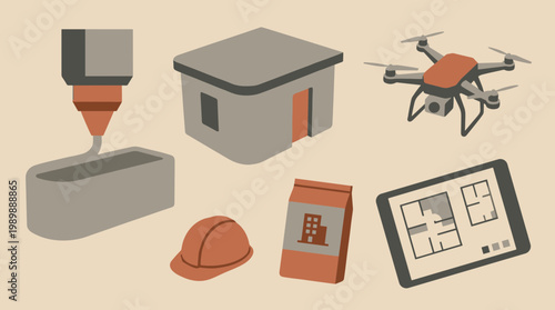 Innovative construction technology concept showcasing 3d printing drone blueprint hard hat and building materials for modern architecture development