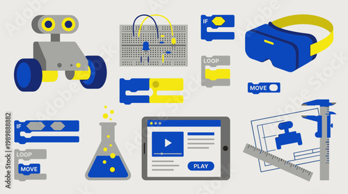 Robotics and Coding Education Concept with VR Headset Tablet and Circuit Board Elements