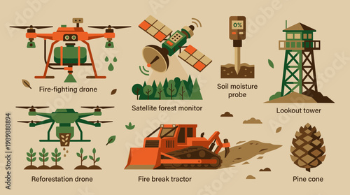 Forestry and wildfire management technology including drones satellite monitoring soil probes lookout towers tractors and reforestation efforts